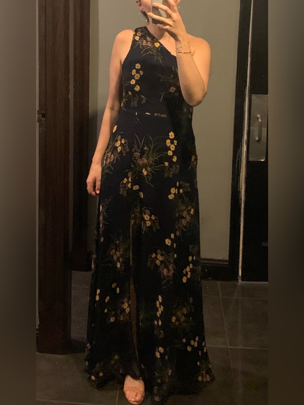 Reformation Navy Floral One Shoulder Gown - Picture 2 of 3